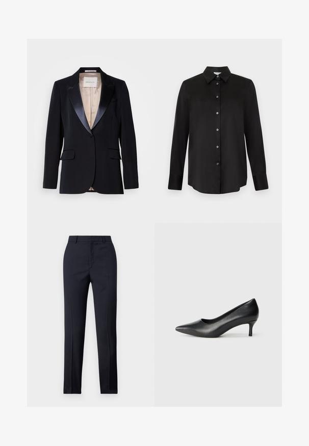 Blazer negro con solapas de satén, cierre de un solo botón, dos bolsillos frontales y forro beige. Etiqueta que dice "GANT". Diseño clásico y a medida.; Camisa negra de manga larga con botones, cuello puntiagudo y siete botones, mostrada sobre un fondo gris claro.; Pantalones de corte recto en color navy, con una textura suave, dos bolsillos delanteros y una cinturilla limpia.; Zapato de tacón puntiagudo de cuero negro con un tacón bajo en forma de cono, textura suave y un corte bajo en la parte superior para mayor visibilidad del pie.