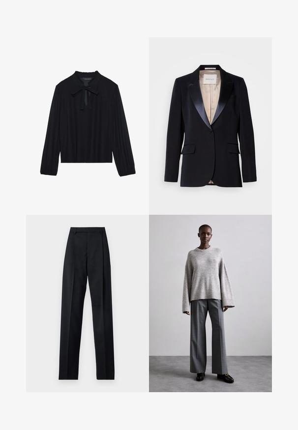 Blazer noir avec revers en satin, fermeture à un bouton, deux poches avant et doublure beige. L'étiquette indique "GANT". Design classique et ajusté.; Haut noir à manches longues, col volanté et nœud papillon au niveau du col. Tissu doux et lisse avec une coupe décontractée et des poignets froncés.; Pantalon noir en tissu lisse avec taille haute, jambes larges, plis à l'avant et passants de ceinture classiques. Pas de poches latérales visibles.; Pull en maille gris avec des manches larges et un ourlet côtelé, assorti à un pantalon gris taille haute avec un motif à carreaux discret et des mocassins noirs.