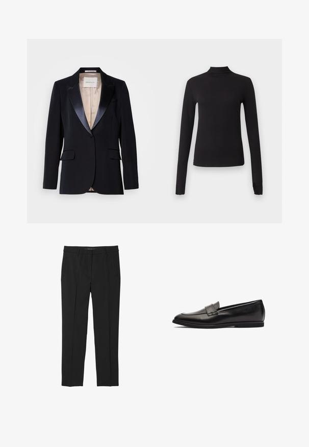 Zwarte blazer met satijnen revers, sluiting met één knoop, twee voorzakken en een beige voering. Label leest "GANT." Klassiek tailored ontwerp.; Zwart aansluitend shirt met lange mouwen en nepkraag, weergegeven op een effen lichtgrijze achtergrond.; Zwarte broek van gladde stof, met een rechte pijp, voorzakken en een platte tailleband zonder zichtbare sluitingen.; Zwarte leren instapper met een gladde afwerking, ronde neus en dubbele stiksels op de bovenkant. Platte rubberen zool voor comfort.