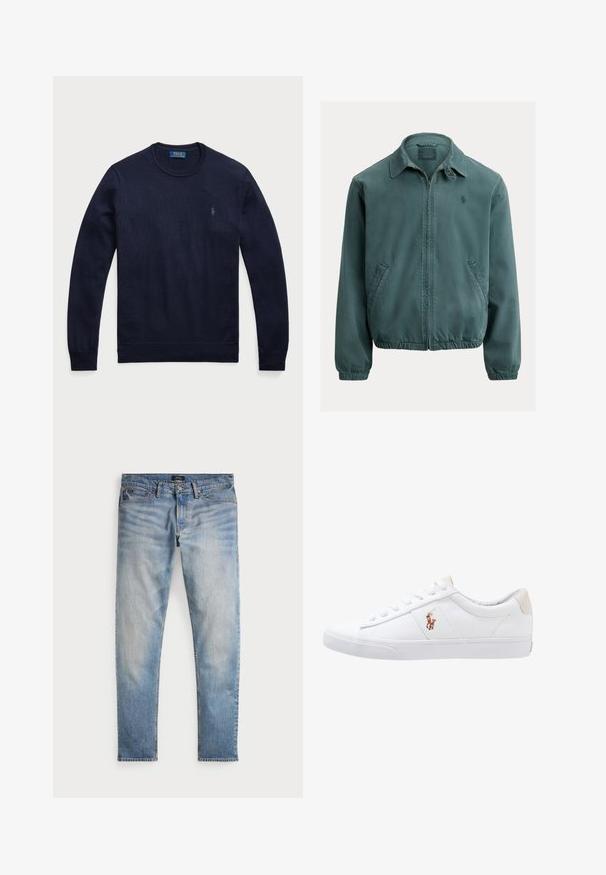 Groene katoenen jas met een puntkraag, rits aan de voorkant en zijzakken. Voorzien van elastische manchetten en een klein logo op de borst.; Marineblauwe sweater met ronde hals, gemaakt van gebreide stof, met ribgebreide manchetten en zoom, en een klein geborduurd logo op de linkerborst.; Lichtblauwe denim jeans met een vervaagde afwerking, vijfzakkenontwerp en contrasterende stiksels. Heeft een ritssluiting en riemlussen. Rechte snit.; Witte canvas sneakers met een laag ontwerp, featuring een beige hieltab en een klein geborduurd logo aan de zijkant. Rubber zool.