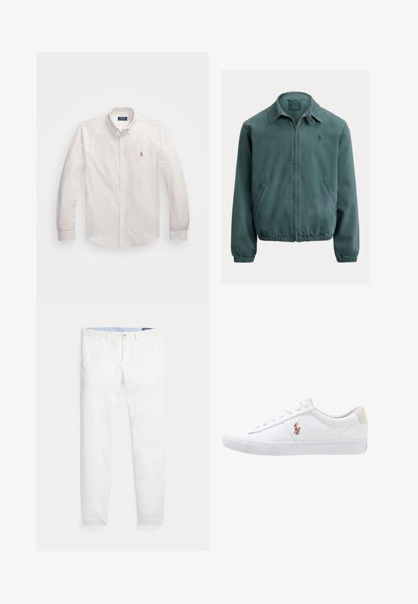 Groene katoenen jas met een puntkraag, rits aan de voorkant en zijzakken. Voorzien van elastische manchetten en een klein logo op de borst.; Witte button-up blouse met dunne verticale strepen in lichtbeige. Heeft een klassieke kraag, lange mouwen en een klein geborduurd logo op de borst.; Witte katoenen chino's met een slim fit, voorzien van een enkele gouden knoopsluiting en een lichtblauwe binnenband. Gladde textuur zonder patronen.; Witte canvas sneakers met een laag ontwerp, featuring een beige hieltab en een klein geborduurd logo aan de zijkant. Rubber zool.