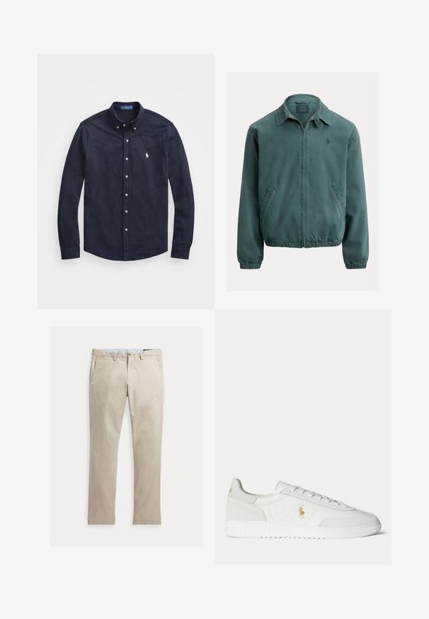 Chaqueta de algodón verde con cuello puntiagudo, cremallera frontal y bolsillos laterales. Presenta puños elásticos y un pequeño logo en el pecho.; Camisa de manga larga color navy, con botones en la parte frontal y un pequeño logo blanco en el lado izquierdo del pecho, confeccionada en suave tela de algodón.; Pantalones de algodón beige de pierna recta con bolsillos delanteros, trabillas para cinturón, cierre de botón y cremallera, mostrados extendidos sobre un fondo blanco.; Zapatilla blanca de caña baja con diseño de cordones, logo dorado de Polo Ralph Lauren en el lateral y suela texturizada sobre un fondo liso.