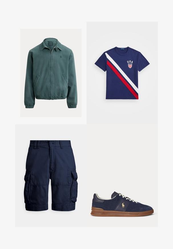 Grøn bomuldsjakke med spids krave, frontlynlås og sidelommer. Har elastiske manchetter og et lille logo på brystet.; Marine T-shirt med diagonale røde og hvide striber. Har "USA" tekst og emblem på brystet. Fremstillet af bomuld, kortærmet, rund hals.; Mørkeblå cargoshorts lavet af slidstærkt stof, med sidelommer, knaplukning og syddetaljer for tekstur.; Mørkeblå lavtopsneaker med hvide snørebånd, brun sål og Polo-spiller logo på siden, set fra venstre.