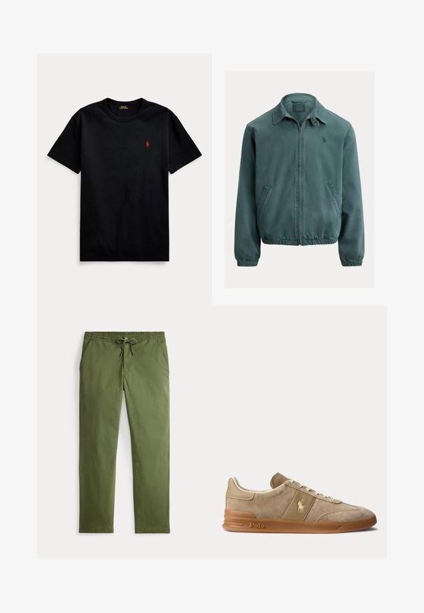 Veste en coton verte avec col pointu, fermeture éclair à l'avant et poches latérales. Comprend des poignets élastiques et un petit logo sur la poitrine.; T-shirt en coton noir à manches courtes, col rond, avec un petit logo rouge brodé sur la poitrine gauche. Texture lisse, design décontracté.; Pantalons décontractés pour homme en vert olive avec taille élastique, cordon de serrage, fermeture à bouton et poches latérales, présentés à plat sur fond blanc.; Basket basse beige en daim et cuir avec semelle en gomme, lacets blancs, et logo Polo sur le côté et la semelle.