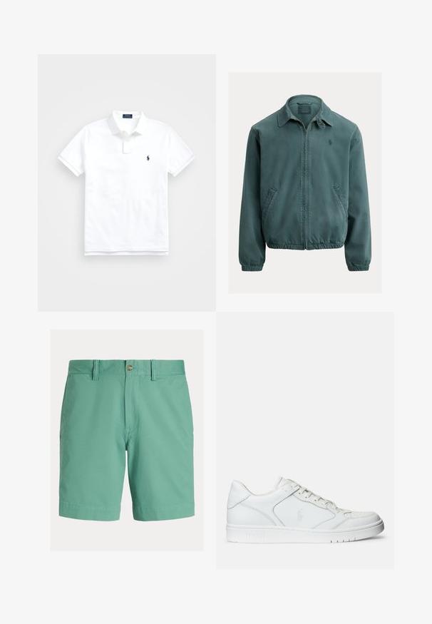 Grüne Baumwolljacke mit spitzem Kragen, Frontreißverschluss und Seitentaschen. Verfügt über elastische Bündchen und ein kleines Logo auf der Brust.; Weißes Poloshirt mit kurzen Ärmeln, Kragen, zwei Knöpfen und kleinem dunkelblau besticktem Logo auf der linken Brust.; Herren-Shorts in Hellgrün, aus Baumwollmischung. Mit flacher Vorderseite, Knopfverschluss, Gürtelschlaufen und Seitentaschen. Glatte Textur.; Weißer Ledersneaker mit glatter Textur, ausgestattet mit einer perforierten Zehenpartie, Schnürverschluss und gesticktem Logo an der Seite. Weiße Gummisohle.