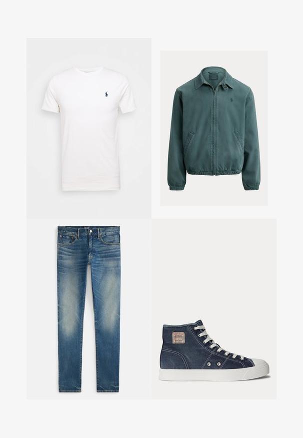 Veste en coton verte avec col pointu, fermeture éclair à l'avant et poches latérales. Comprend des poignets élastiques et un petit logo sur la poitrine.; T-shirt en coton blanc à col rond. Présente un petit logo bleu marine sur la poitrine gauche. Manches courtes, texture lisse.; Jean bleu délavé, coupe slim, avec fermeture à boutons et zip, poches avant et petite poche pour pièce, présenté à plat sur fond blanc.; Basket montante bleu marine avec lacets blancs, semelle en caoutchouc blanche, œillets métalliques et petit patch beige de marque sur la zone de la cheville.
