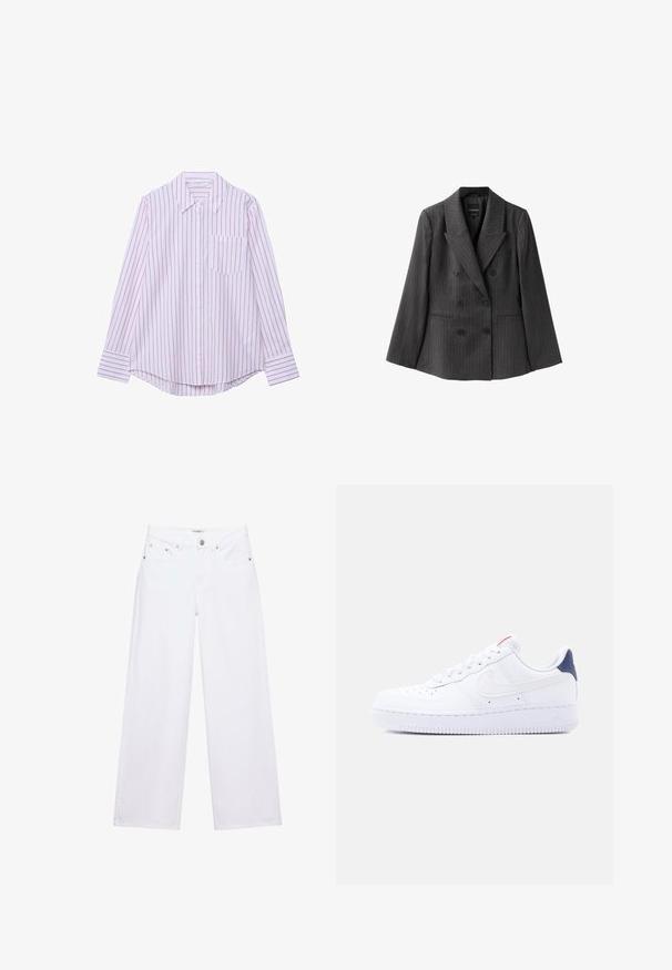 Blazer croisé gris foncé à fines rayures avec larges revers, six boutons et deux poches avant sur fond blanc.; Chemise à manches longues à boutons avec rayures verticales rose et blanches, col pointu, poche poitrine avant et ourlet arrondi.; Jean blanc taille haute à jambes larges avec fermeture à boutons et zip, poches avant et arrière, et détails en rivets argentés.; Baskets basses blanches avec perforations sur la pointe, lacets blancs, logo swoosh blanc et languette de talon bleu foncé.