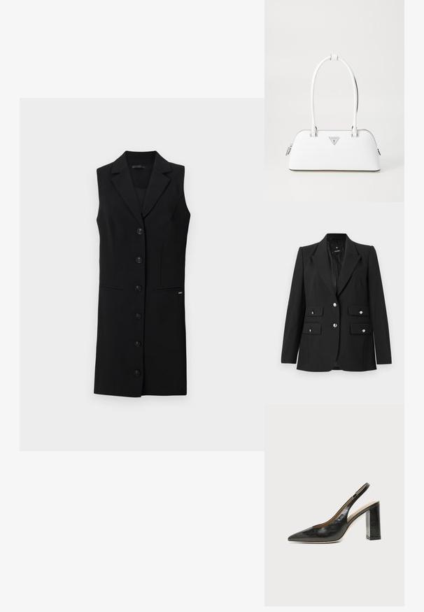 Sort blazer lavet af glat stof, med vende-krave, to knaplukninger og to frontlommer med flap og skinnende sølvknapper.; Sort sansærmet blazer kjole med skræddersyet design, blazerkrave, seks frontknapper og sidelommer. Glat stof med minimale detaljer.; Sort læder peep-toe slingback sko med blokhæl og et lille logo på siden, sat mod en enkel hvid baggrund.; Hvid lædertaske med en buet form, der har et sølvtrapezlogo og lynlåslukning. Glat tekstur og dobbelthåndtag.