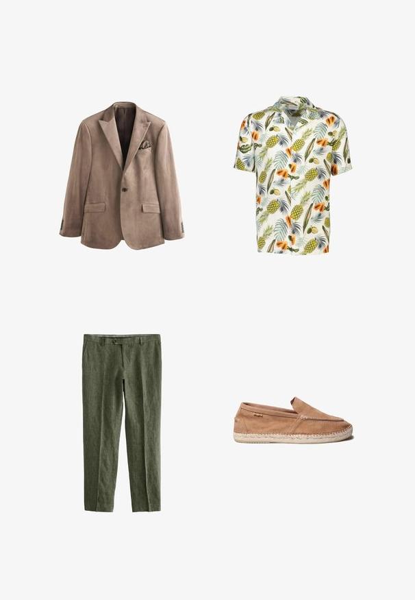 Blazer de ante marrón con un solo botón, solapas con muesca, dos bolsillos frontales con solapa y un pañuelo a juego en el bolsillo del pecho.; Camisa de manga corta con fondo blanco que presenta un estampado colorido de piñas, papayas y hojas verdes, fabricada en una tela ligera.; Next SIGNATURE - REGULAR FIT - Pantalones - olive green; Alpargata de ante marrón claro, tipo slip-on, con suela de yute trenzado y costuras visibles a lo largo de los bordes superior y de la suela, vista lateral sobre fondo blanco.