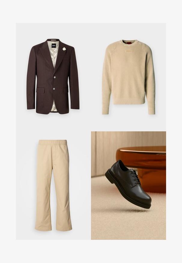 Dunkelbrauner Herrenblazer mit zwei Knöpfen, fallendem Revers, Pattentaschen, cremefarbenem Futter und einer kleinen weißen Blumenbrosche am linken Revers.; Beiger Strickpullover mit Struktur, langen Ärmeln, gerippten Bündchen und Saum sowie einem kleinen rechteckigen Logo-Patch auf der Brust.; Beige weite Hose mit elastischem Bund, aus glattem Baumwollstoff, mit Seitentaschen und gerader Silhouette.; Schwarzer Leder-Schnürschuh, der über einem beigen Teppich schwebt, mit einem glänzenden braunen abgerundeten Objekt im Hintergrund.