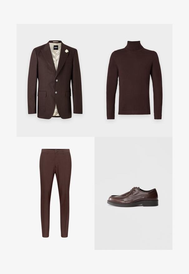 Dunkelbrauner Herrenblazer mit zwei Knöpfen, fallendem Revers, Pattentaschen, cremefarbenem Futter und einer kleinen weißen Blumenbrosche am linken Revers.; Dunkelbrauner, langärmliger Rollkragenpullover mit schmaler Passform, auf einem schlichten weißen Hintergrund präsentiert.; Braune maßgeschneiderte Hose mit flachem Frontdesign, Gürtelschlaufen und einem einzigen Knopfverschluss. Hergestellt aus einem glatten Stoff mit geradem Bein.; Braune Lederdressschuhe mit einer abgerundeten Spitze, minimalen Nähakzenten und einer robusten schwarzen Sohle. Verfügt über eine Schnürung und eine glatte Textur.