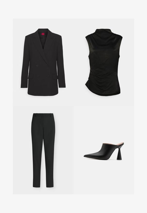 Blazer negro de corte cruzado con solapas de muesca, mangas largas, dos bolsillos frontales y acabado mate. Presenta un cierre de botones oculto.; Top negro sin mangas con un alto cuello, textura suave y dobladillo curvado. Presenta detalles fruncidos en el costado para un ajuste ceñido.; Pantalones negros de corte ajustado con trabillas para cinturón, cremallera frontal y piernas rectas, mostrados sobre un fondo blanco.; Mules de cuero negro con punta afilada y un singular tacón en forma de cono. Textura suave y diseño minimalista, con parte trasera abierta para facilitar su uso.