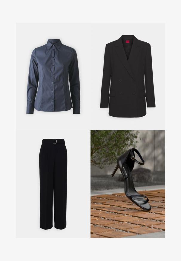 Blazer noir à double boutonnage avec revers, manches longues, deux poches avant et finition mate. Dispose d'une fermeture à boutons dissimulés.; Chemise à manches longues bleu marine avec fermeture à boutons sur le devant, col pointu et coupe ajustée. Fabriquée dans un tissu léger et lisse.; Pantalons noirs ajustés avec une silhouette à jambes larges, dotés d'une ceinture avec une boucle en argent, de plis et d'une texture de tissu lisse.; Sandale noire à talon haut avec sangle à la cheville, suspendue au-dessus d'un sol en carreaux de bois à l'extérieur, avec un arrière-plan flou de verdure et de pierre.