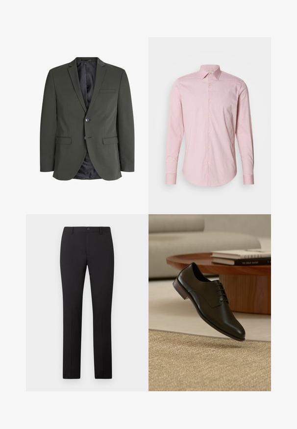 Blazer verde oliva hecho de tejido suave, con cierre de un botón, solapas de muesca y dos bolsillos frontales. Interior forrado.; Camisa de botones rosa claro con un sutil patrón de rayas, mangas largas, cuello extendido y dobladillo redondeado. Presenta botones de color crema.; Pantalones negros a medida con diseño de pierna recta, con cierre de botón y trabillas para cinturón. Hechos de tela suave sin patrones visibles.; Zapato de vestir de cuero negro con cordones flotando sobre una alfombra beige texturizada en un salón moderno con mesa de madera y libros.