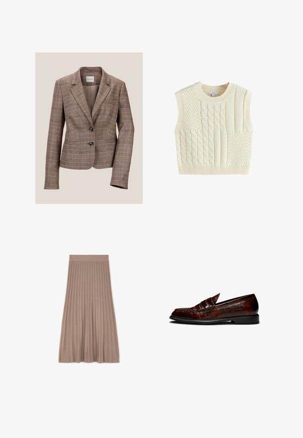 Blazer à carreaux marron avec un col cranté, deux boutons et des poches avant. Fabriqué à partir d'un tissu texturé, il présente une coupe ajustée et des manches longues.; Gilet sans manches tricoté couleur crème avec motifs torsadés et texturés mélangés, encolure et ourlet côtelés.; Jupe plissée mi-longue de couleur taupe avec une taille élastique, présentée à plat sur un fond blanc.; Mocassins en cuir marron avec une texture crocodile, présentant un talon bas et un design à bout pointu. Coutures d'accent le long des bords.