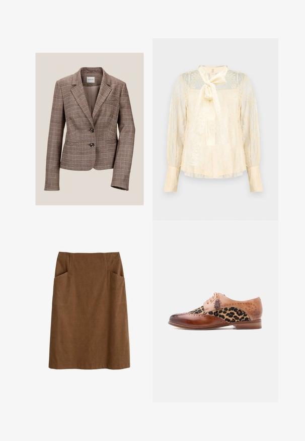 Bruine geruite blazer met een notch-kraag, twee knopen en voorzakken. Gemaakt van een gestructureerde stof, met een getailleerde pasvorm en lange mouwen.; Lichtcrèmekleurige blouse van kant met een strikdetail bij de hals, doorschijnende lange mouwen en met knopen sluitende manchetten. Geheel voorzien van een textuur met een bloemmotief.; Bruine katoen rok met een aansluitende taille, twee zijzakken en een rechte snit. De stof heeft een zachte textuur en een subtiele glans.; Bruine leren nette schoen met een paneel van luipaardprintstof, sierlijke perforaties, sierstrikaccenten en een lage houten hak.