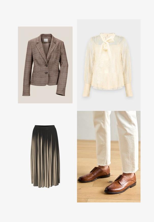Bruine geruite blazer met een notch-kraag, twee knopen en voorzakken. Gemaakt van een gestructureerde stof, met een getailleerde pasvorm en lange mouwen.; Lichtcrèmekleurige blouse van kant met een strikdetail bij de hals, doorschijnende lange mouwen en met knopen sluitende manchetten. Geheel voorzien van een textuur met een bloemmotief.; Plissé midi rok in zwart en beige met een hoge elastische tailleband, voorzien van verticale strepen en een vloeiende stijl voor beweging.; Bruine leren brogueschoenen met geperforeerde details, ronde neus en een gladde afwerking, gecombineerd met crèmekleurige broek met franje aan de onderkant.