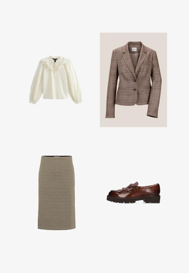 Bruine geruite blazer met een notch-kraag, twee knopen en voorzakken. Gemaakt van een gestructureerde stof, met een getailleerde pasvorm en lange mouwen.; Witte blouse met lange mouwen, volants bij de halslijn en een zachte textuur; heeft een strik bij de kraag en gathered pofmouwen.; Part Two PWPencil - Kokerrok - toasted coconut check; Bruine leren loafers met een franjesdetail en een stevige, textuurvolle zool. Heeft een gladde afwerking en reliëfbranding aan de zijkant.
