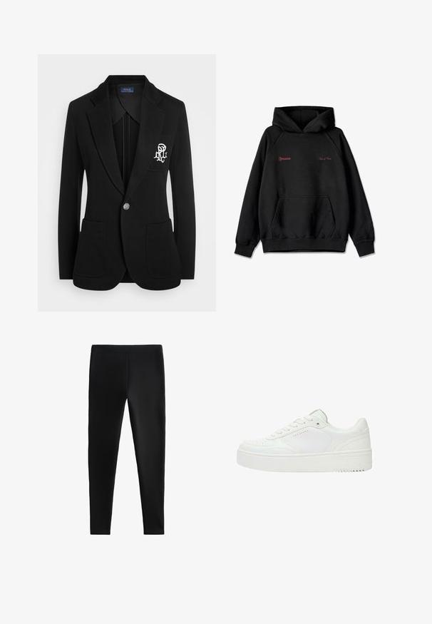 Schwarzer Blazer aus strukturiertem Stoff, mit einem Einknopfverschluss, zwei Fronttaschen und einem gestickten Logo auf der linken Brust.; Schwarzer Kapuzenpullover mit vorderer Tasche, rotem Text "Pegador" und "Values & Visions" auf der Brust sowie dezentem Stickerei auf dem linken Ärmel.; Schwarze Leggings aus dehnbarem Material, mit einer körperbetonten Passform ohne sichtbare Nähte oder Taschen, geeignet für verschiedene Aktivitäten.; Weißer Low-Top Sneaker mit Schnürung vorne, perforierten Details an Zehen- und Seitenbereich und dicker Gummisohle.