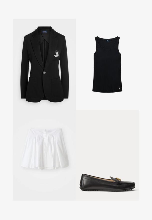 Schwarzer Blazer aus strukturiertem Stoff, mit einem Einknopfverschluss, zwei Fronttaschen und einem gestickten Logo auf der linken Brust.; Schwarzes ärmelloses Tanktop mit U-Boot-Ausschnitt und kleinem weißen eingesticktem Logo nahe dem Saum vor weißem Hintergrund.; Weißer Baumwollrock mit ausgestelltem Design, der eine Knopfleiste an der Vorderseite und subtile Raffungen an der Taille für eine schöne Form aufweist.; Schwarzer Lederloafer mit goldener Schnallendetailierung und gummierter, genoppter Sohle, seitlich auf weißem Hintergrund dargestellt.