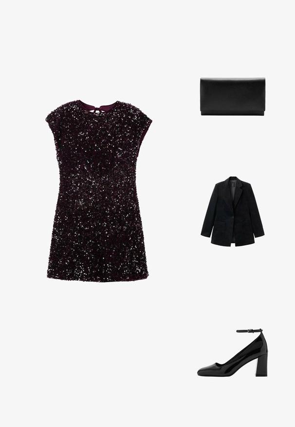 Blazer en velours côtelé noir avec fermeture à un bouton, revers crantés et deux poches avant. Il est doté d'une doublure intérieure lisse.; Robe courte violette recouverte de sequins, avec des manches courtes et un détail de dos en trou de serrure. Tissu lisse avec un effet de brillance texturé.; Chaussure à talons hauts en cuir verni noir avec bout carré, bride à la cheville et large talon carré, présentant une finition brillante et une texture lisse.; Pochette rectangulaire en cuir noir avec une surface propre et lisse et une fermeture à rabat.