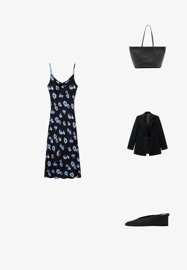 Sort fløjlsblazer med en enkelt knaplukning, hakkede revers og to forlommer. Har en glat inderside.; Sort slipdress med blå blomster mønster, tynde spaghetti stropper, en cowl halsudskæring og en afslappet pasform, der falder over knæene.; Sort læder kilehæl mule sko med spids tå og lav, solid hæl, slip-on stil.; Sort læder tote taske med lange slanke håndtag, en tekstureret overflade og en bred åben top.