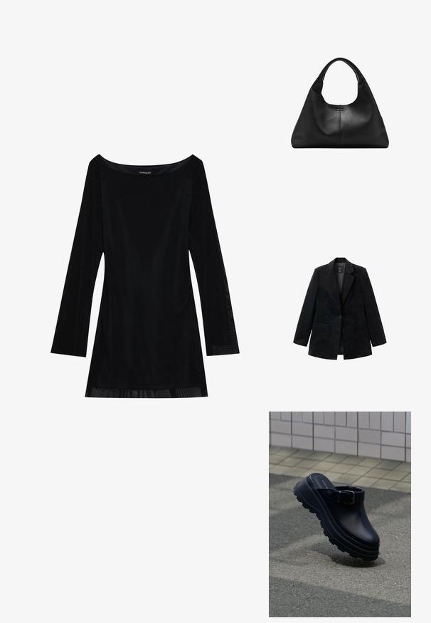 Zwarte corduroy blazer met een enkele knoopsluiting, notch-revers en twee voorkezen. Voorzien van een zachte binnenvoering.; Zwart lang mouwjurk met een off-shoulder halslijn, soepele textuur en een vloeiende silhouet. Heeft doorzichtige details aan de zoom.; Zwarte instapklomp met dikke grof profielzool en verstelbare band, geplaatst boven asfalt met betegelde muur op de achtergrond.; Zwarte handtas van getextureerd leer met brede basis en dikke afgeronde handgrepen, met een centrale verticale naad en subtiele stikdetails.