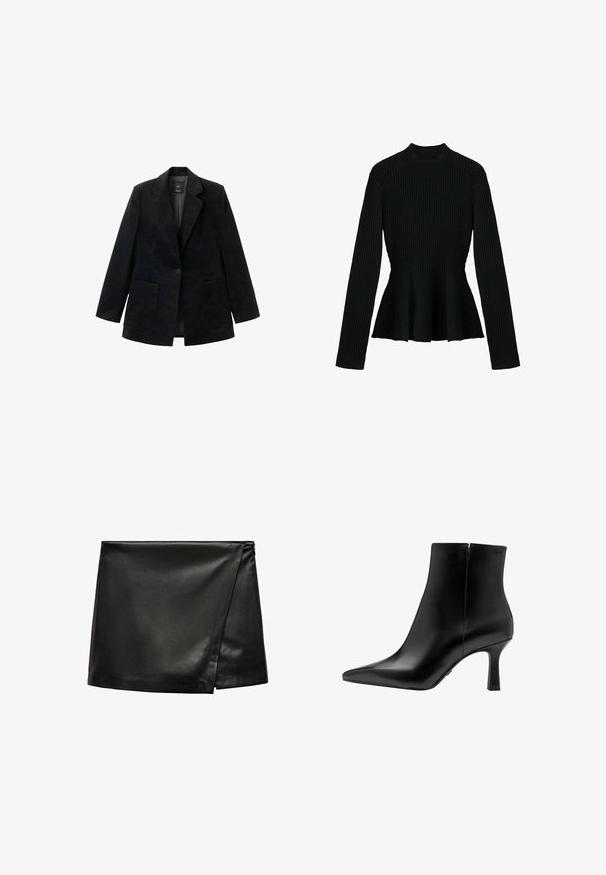 Sort fløjlsblazer med en enkelt knaplukning, hakkede revers og to forlommer. Har en glat inderside.; Sort ribbet langærmet top med høj hals og peplum-for, der har en tekstureret stof og tætsiddende design.; Sort læder mini-skjørt med en omslagsdesign, glat tekstur og en subtil glans. Har en sideslids for ekstra detaljer.; Sort læder ankelstøvle med spids tå, høj stilettohæl, glat tekstur og minimalistisk design. Inkluderer en lynlåslukning bagpå.