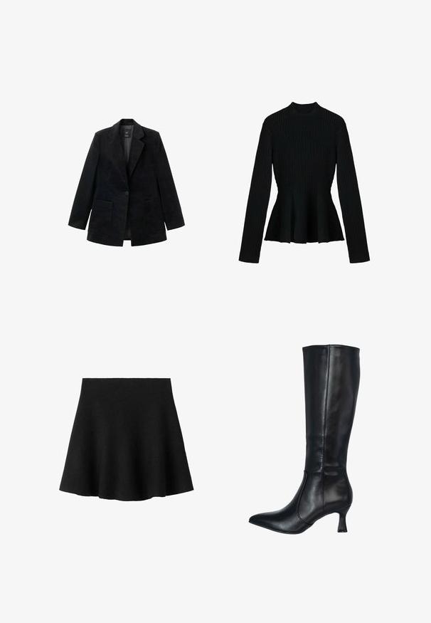 Zwarte corduroy blazer met een enkele knoopsluiting, notch-revers en twee voorkezen. Voorzien van een zachte binnenvoering.; Zwarte geribbelde langemouwen top met een hoge hals en een peplum zoom, met een gestructureerde stof en een aansluitend lijfje ontwerp.; Zwarte uitlopende rok van gladde stof, met een elastische tailleband en een zoom die naar buiten uitloopt, waardoor een elegante A-lijn silhouette ontstaat.; Zwart leren kniehoge laars met een spitse neus en een slanke, uitlopende hak. Gladde textuur met een zijnaad detail.