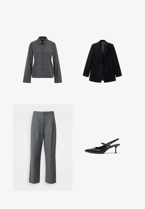 Schwarzes Cordblazer mit einem einzigen Knopfverschluss, Reverskragen und zwei vorderen Taschen. Verfügt über ein glattes Innenfutter.; WE Fashion Hemdbluse - grey; Graue maßgeschneiderte Hosen mit geradem Bein, die eine glatte Textur, Bundfalten und Schlitztaschen aufweisen. Keine sichtbaren Beschläge oder Akzente.; Schwarze Leder Slingback-Absätze mit einer spitzen Zehenform, schmalem verstellbarem Riemen und einem etwa 5 cm hohen Stiletto-Absatz, glatte Textur.