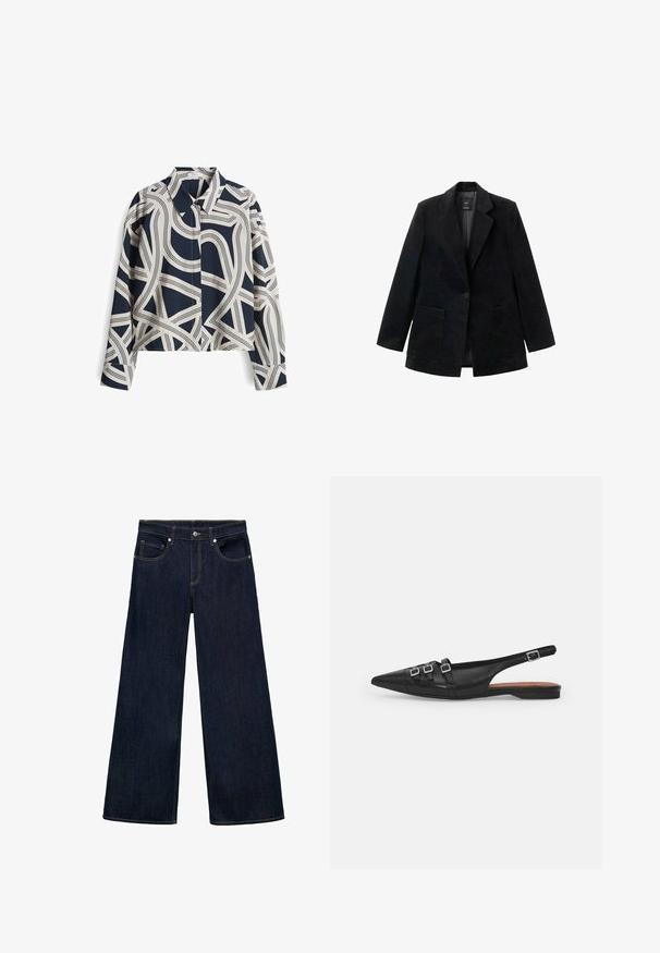 Blazer en velours côtelé noir avec fermeture à un bouton, revers crantés et deux poches avant. Il est doté d'une doublure intérieure lisse.; Chemise à motifs bleu marine et crème avec des manches longues, col et design abstrait; tissu en mélange de coton, coupe décontractée.; Jean large en denim bleu foncé à taille haute, avec cinq poches, fermeture à bouton en métal et accents de couture visibles.; Chaussure plate noire en cuir avec un bout pointu, dotée de deux lanières horizontales et de boucles carrées en argent, avec un faible talon et une texture lisse.