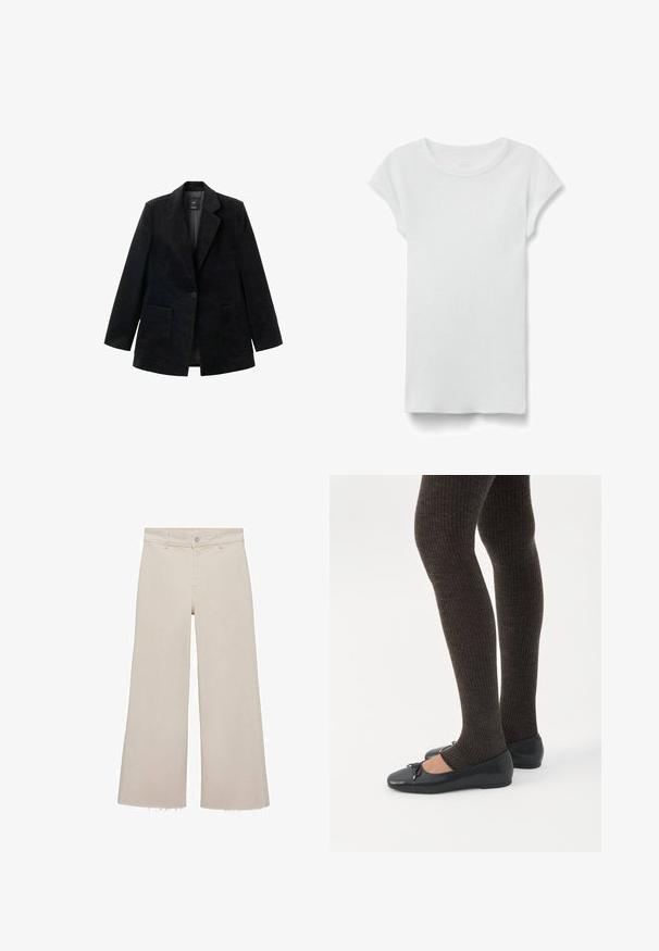 Sort fløjlsblazer med en enkelt knaplukning, hakkede revers og to forlommer. Har en glat inderside.; Hvid kortærmet ribbet T-shirt med rund hals, lagt fladt på hvid baggrund, viser forsiden og simpel afslappet stil.; Beige brede jeans med høj talje, lavet af denimstof. Har en rå kant forneden samt en frontknap og lynlås lukning.; Ben iført mørke ribbede leggings kombineret med sorte balletsko med små sløjfedetaljer på hvid baggrund.