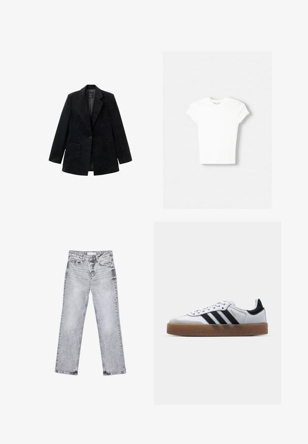 Zwarte corduroy blazer met een enkele knoopsluiting, notch-revers en twee voorkezen. Voorzien van een zachte binnenvoering.; Witte t-shirt met korte mouwen van zachte katoen, met een ronde halslijn en een getailleerde vorm. Geen zichtbare patronen of versieringen.; Grijze denim jeans met een rechte pijp, versleten details, vijf zakken en koperen klinknagels. De tailleband is voorzien van een logo-label.; Witte leren sneakers met zwarte strepen, gumrubberen buitenzool, ronde neus, vetersluiting en een zachte grijze suède neuskap.