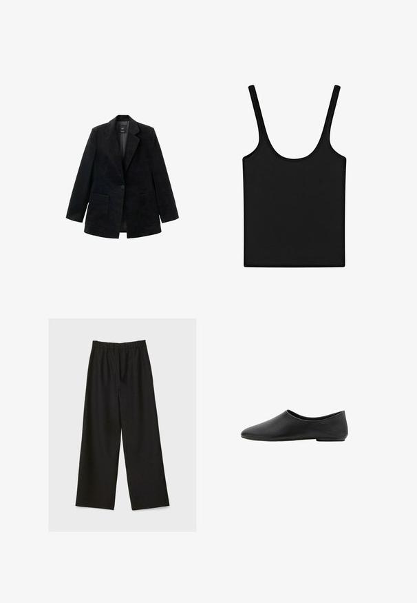 Sort fløjlsblazer med en enkelt knaplukning, hakkede revers og to forlommer. Har en glat inderside.; Sort ærmeløs tanktop med tynde stropper og rund halsudskæring, lagt fladt på en hvid baggrund.; Sorte brede benbukser med elastisk talje, vist fladt på en lys baggrund.; Sorte minimalistiske flade sko med rund mandelformet tå og lav hæl, glat læderoverdel, slip-on stil.