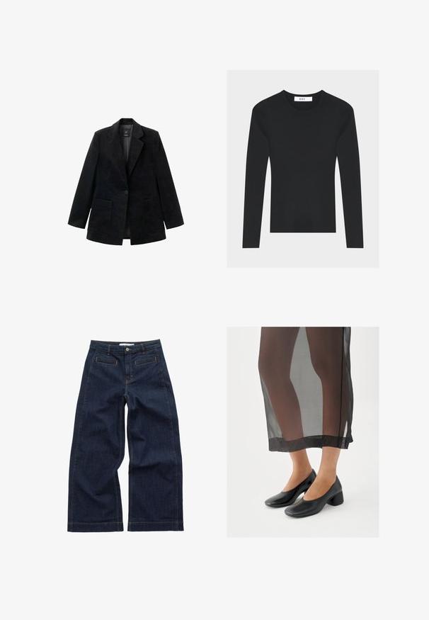Zwarte corduroy blazer met een enkele knoopsluiting, notch-revers en twee voorkezen. Voorzien van een zachte binnenvoering.; Zwart geribd gebreide trui met lange mouwen, ronde hals en aansluitende pasvorm, met een wit "DAY" merklabel in de kraag.; Brede donkerdenim broek met een middelhoge taille, contrasterende oranje stiksels, voorzakken en een gladde textuur.; Zwarte schoenen met blokhak en een gladde leren afwerking, gedragen met een doorschijnende zwarte rok met een nette zoom en minimalistisch ontwerp.