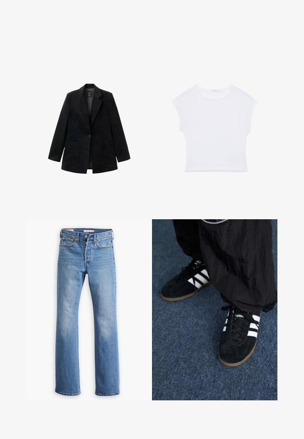 Zwarte corduroy blazer met een enkele knoopsluiting, notch-revers en twee voorkezen. Voorzien van een zachte binnenvoering.; Witte cropped T-shirt met korte mouwen en een ronde hals, gemaakt van gladde stof, plat neergelegd op een witte achtergrond.; Blauwe denim spijkerbroek met een rechte pijpdesign, heeft een hoge taille, klassieke vijf-pocket styling en duidelijke vervaging op de bovenbenen.; Zwarte suède sportschoenen met drie witte strepen en zwarte veters. Een gestructureerde zwarte broek is deels zichtbaar naast de schoenen.