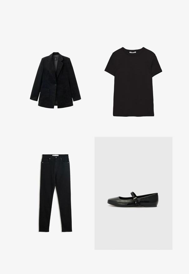 Sort fløjlsblazer med en enkelt knaplukning, hakkede revers og to forlommer. Har en glat inderside.; Sort kortærmet t-shirt i bomuld med rund halsudskæring, standard pasform og synlig indvendig halsmærkat.; Sorte denimjeans med slim fit, fem lommer, metalhardware og lynlås. Glat tekstur med en let stræk.; Sorte læder balletflade med rund tå, flad sål og en tynd justerbar rem over svangen med en metalspænde.
