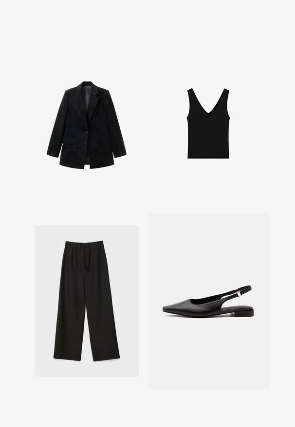 Blazer en velours côtelé noir avec fermeture à un bouton, revers crantés et deux poches avant. Il est doté d'une doublure intérieure lisse.; Débardeur noir sans manches avec un col en V profond, présenté à plat sur un fond blanc.; Pantalons larges noirs avec taille élastique, présentés à plat sur un fond clair.; Chaussure plate noire en cuir à bride slingback avec bout pointu et bride réglable à boucle sur un talon bas, sur fond blanc.