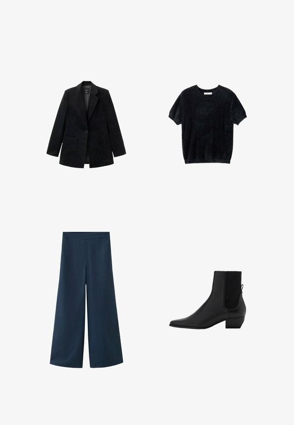 Sort fløjlsblazer med en enkelt knaplukning, hakkede revers og to forlommer. Har en glat inderside.; Sort kortermet sweater lavet af blødt, fuzzystof. Har en rund halsudskæring og en afslappet pasform med en let cropped kant.; Navy viddebukser med elastisk taljebånd. Fremstillet af glat, let stof med en afslappet silhuet og uden synlige sømme.; Sort ankelstøvle lavet af glat læder med spids tå, elastiske sidestykker og en lav blokhæl. Minimalistisk design uden synligt hardware.