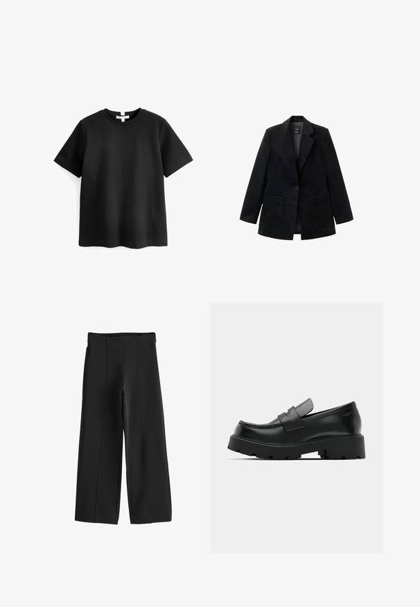 Sort fløjlsblazer med en enkelt knaplukning, hakkede revers og to forlommer. Har en glat inderside.; Sort kortærmet t-shirt lavet af glat bomuld, med rund halsudskæring og en lige afskæring. Enkel, minimal design uden mønstre.; Sorte sorte bukser med høj talje og brede ben med forreste sømdetaljer og en glat talje.; Sorte læder loafers med en chunky tekstureret sål, der har en rem over vamps og en glat, poleret finish.