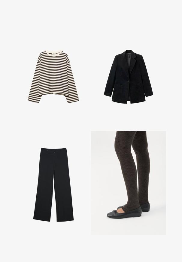 Sort fløjlsblazer med en enkelt knaplukning, hakkede revers og to forlommer. Har en glat inderside.; Langærmet cropped skjorte med sorte og hvide horisontale striber og rund halsudskæring, vist på en hvid baggrund.; Bredde bukser i sort stof, der har frontlommer og lukning med knap. Glat tekstur, skræddersyet pasform og fuld længde.; Ben iført mørke ribbede leggings kombineret med sorte balletsko med små sløjfedetaljer på hvid baggrund.