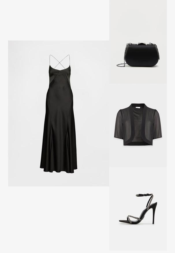 Boléro court noir transparent avec manches au coude et devant ouvert sur fond uni clair.; Robe nuisette en satin noir avec fines bretelles croisées, silhouette en A, et texture lisse et fluide. Design longue jusqu'au sol.; Sandale noire à talons hauts avec des fines lanières ornées de bijoux et une boucle au niveau de la cheville. Matériau en daim, bout ouvert et silhouette fine et pointue.; Pochette noire avec une finition lisse et mate, forme arrondie et une chaîne en métal argenté. Comprend un détail de fermoir géométrique sur le dessus.