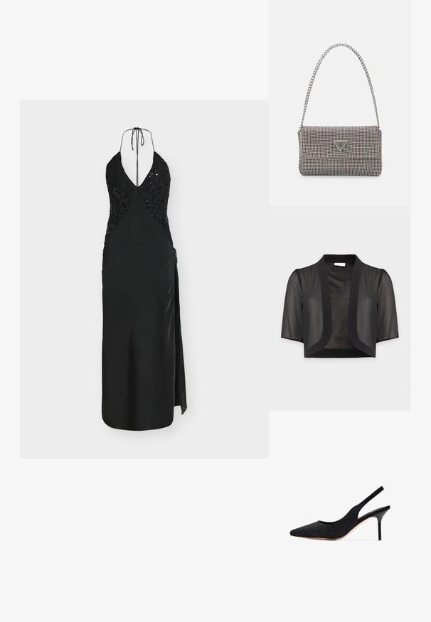 Bolero corto negro transparente con mangas hasta el codo y parte delantera abierta sobre fondo claro y liso.; Vestido de noche negro con escote pronunciado, corsé con lentejuelas, falda de satén elegante, tirantes ajustables con lazos y una abertura lateral.; Zapato de tacón negro tipo slingback con punta afilada, adornado con strass. Presenta un diseño elegante, tacón de aguja alto y forro interior suave.; Bolso de mano metálico gris claro con una cadena como asa, adornado con pequeños remaches metálicos circulares y un logotipo de marca en forma triangular.