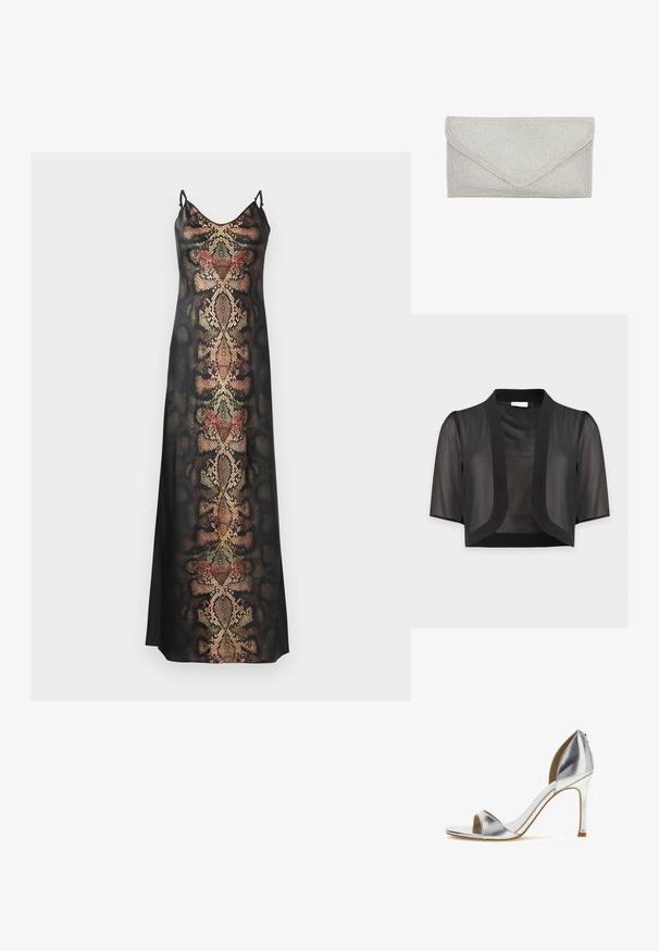 Kort sort gennemsigtigt bolero med albuelange ærmer og åben front mod en lys ensfarvet baggrund.; Sort slipdress med slangeskinds mønster i jordfarver og metalliske detaljer, med tynde justerbare stropper og en glat tekstur.; Sølvmetalisk høje hæle sandal med åben tå, ankelrem og tynd stiletthæl på hvid baggrund.; Sølv clutch taske med en tekstureret overflade af små, skinnende perler. Har en kuvertform og en trekantet flaplukning.