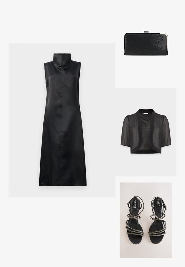 Kort zwart doorschijnend bolero met ellebooglange mouwen en open voorkant tegen een effen lichte achtergrond.; Zwarte satijnen mouwloze jurk met een hoge kraag, een gladde textuur en een rechte, enkellange silhouet. Minimalistisch ontwerp zonder versieringen.; Zwarte sandalen met bandjes en metalen accenten. Voorzien van een gladde, gestructureerde voetbed en meerdere versierde bandjes die een gelaagde uitstraling creëren.; Zwarte rechthoekige clutch met textuur, zilverkleurig metalen frame en sluiting, op een witte achtergrond.