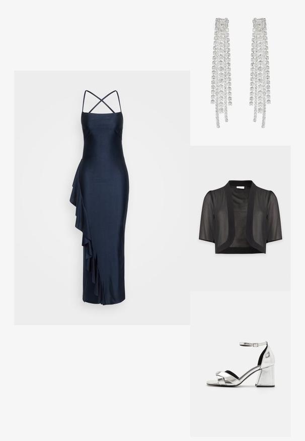 Kort sort gennemsigtigt bolero med albuelange ærmer og åben front mod en lys ensfarvet baggrund.; Marineblå satin kjole med tynde krydsede stropper, asymmetrisk flæsedetalje på siden, tætsiddende silhuet og knælang nederste kant.; Sølvmetallic højhælede sandaler med krydsgurt design, ankelrem og blokhæl. Glat overflade med sort inderside.; Lange sølvøreringe med en række klare, facetterede krystaller i kaskadeformede strenge med varierende længder og former.