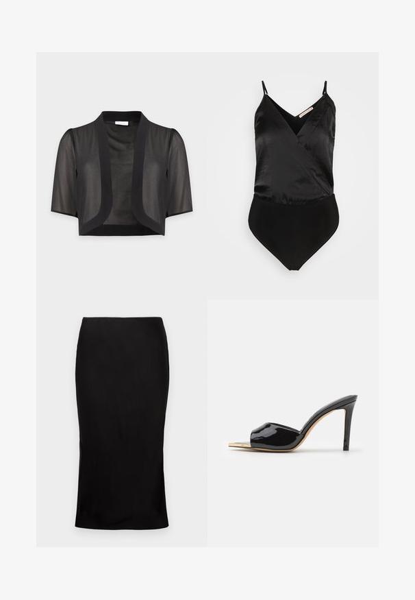 Kort zwart doorschijnend bolero met ellebooglange mouwen en open voorkant tegen een effen lichte achtergrond.; Anna Field Top - black; Zwarte, aansluitende midi-rok met een zachte textuur, zijsplitdetail en een klassieke tailleband. Ontworpen voor een elegante silhoutte.; Zwarte gepatenteerde leren hoge hakken met open teen, gebogen ontwerp en een slanke hak. Gladde textuur met een reflecterende afwerking.