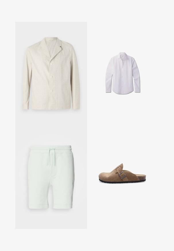Lys beige jakke lavet af tekstureret stof, med reverskrave og tre knapper fortil, lange ærmer og en lige kant.; Hvid langærmet skjorte med knapper, lavet af glat stof, med klassisk krave, front med knapper og rundet kant.; Lys mintgrønne bomuldsshorts med elastisk talje, justerbar snøre, sidelommer og logo-detalje på højre ben.; Brune ruskindsclog med åben hæl, justerbar metalspænde og struktureret sort gummisål. Har et glat, minimalistisk design.