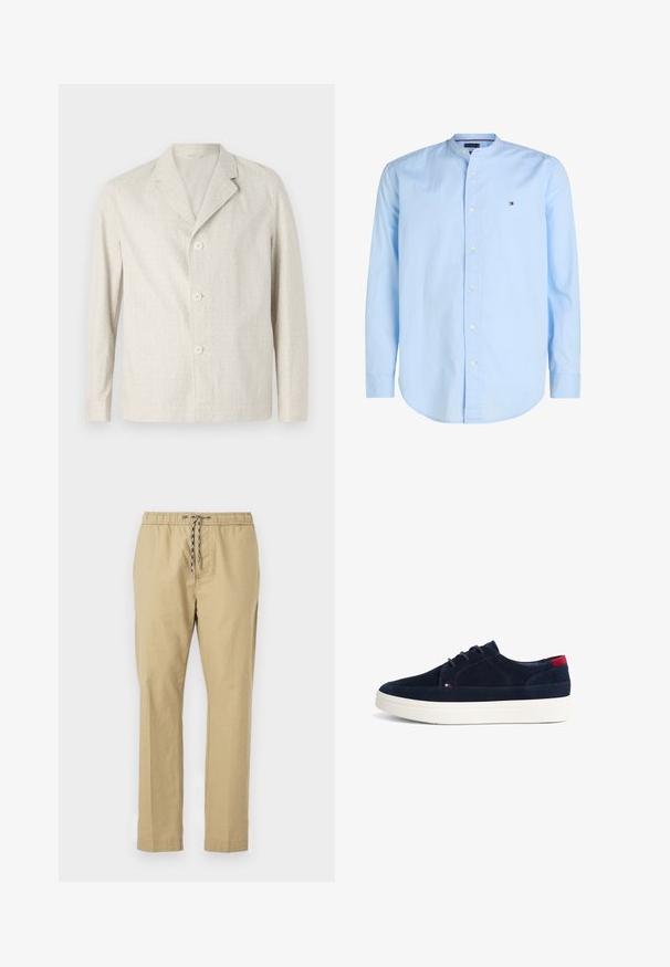Veste beige clair fabriquée en tissu texturé, dotée d'un col cranté et de trois boutons sur le devant, avec des manches longues et un ourlet droit.; Chemise homme bleu clair à manches longues avec fermeture boutonnée sur le devant, col mao et petit logo brodé sur la poitrine gauche.; Pantalons beiges avec une taille élastique, un cordon de serrage ajustable, des jambes droites et une texture de tissu léger.; Baskets en daim bleu marine avec une semelle en caoutchouc blanche, dotées d'un design à lacets, d'accents cousus et d'un détail rouge et blanc au niveau du talon.