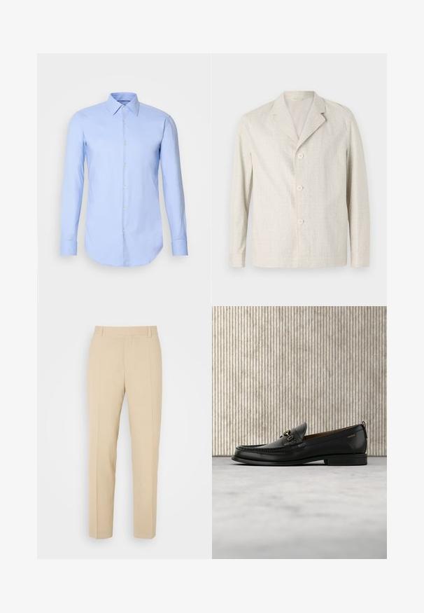 Hellbeige Jacke aus strukturiertem Stoff, mit Reverskragen und drei Knöpfen auf der Vorderseite, langen Ärmeln und geradem Saum.; Helleblaue Langarmbluse aus Baumwolle, mit durchgehender Knopfleiste, Kragen und abgerundetem Saum. Glatte Textur ohne Muster.; Beige maßgeschneiderte Hosen mit geradem Bein, aus leichtem Stoff, mit zwei vorderen Taschen und ordentlich gebügelten Falten.; Schwarzer Lederloafer mit goldfarbenem Metallbit und "HUGO"-Markenlogo, präsentiert vor einem beigen Teppich und braunen durchsichtigen Möbelstücken.